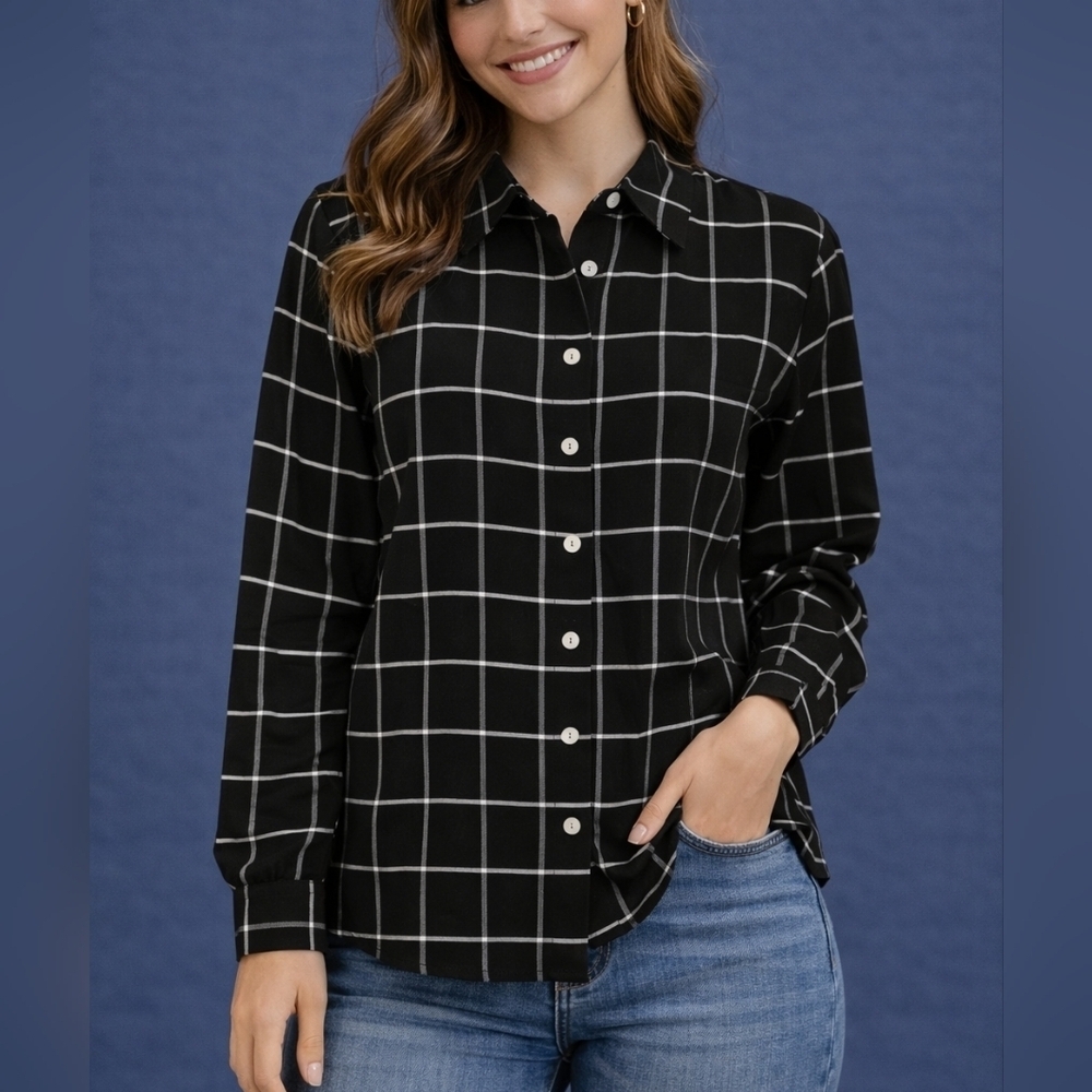 SILKLAND Black and White Plaid Button-Up Long Sleeve Shirt